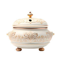 Ornate white and gold lidded bowl on a black background