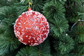 glitter red christmas ball with crystal hanging on christmas tree
