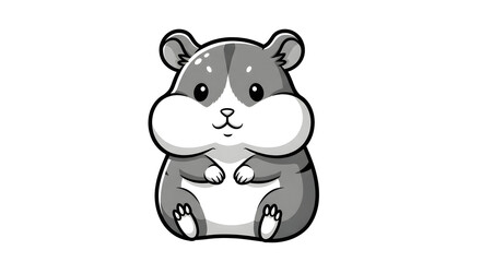 Fototapeta premium A cute grey and white cartoon hamster with chubby cheeks sitting on a plain white background.