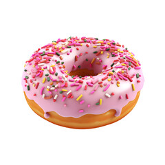 A donut with pink frosting and colorful sprinkles isolated