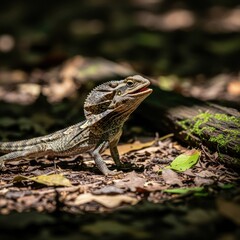 Obraz premium Frilled-neck lizard basking in the sun on the forest floor.