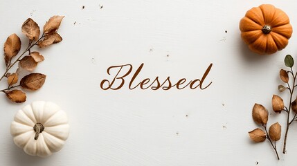 Elegant "Blessed" Typography with Pumpkin and Leaf Accents on White, Ample Text Space