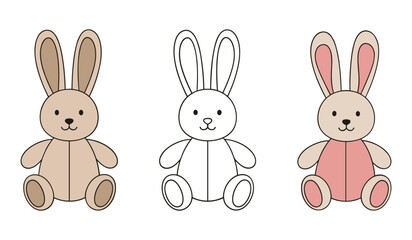 A set of three cartoon bunny rabbits one colored brown one outline one colored pink