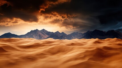 Naklejka premium Dramatic shot of desert mountains with strong wind lifting dust clouds, harsh and raw wilderness atmosphere