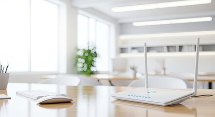 A white router with antennas on a wooden desk in a modern office.