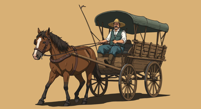 Horse pulling a wagon with a man on a beige background