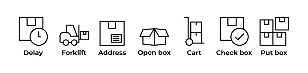 From Delays to Checkpoints Icons set vector illustration outline with Delay, Forklift, Address, Open box, Cart, Check box, Put box
