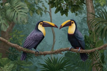 Obraz premium Two Toucans Facing Each Other On A Jungle Branch bird