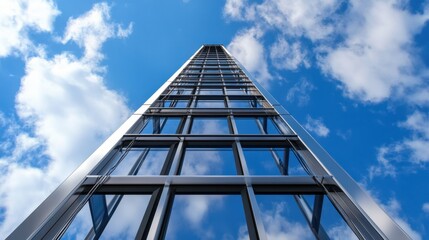 Dynamic perspective of a tall 5G mast with clear blue skies in the background, ideal for tech and innovation themes