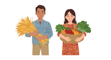 Cartoon of two farmers one holds wheat the other a basket with vegetables