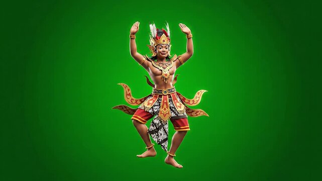 3D Animated Balinese Dancer on Green Screen Chroma Key. Traditional Indonesian Culture and Mythology Character, inspired by Kecak Dance.