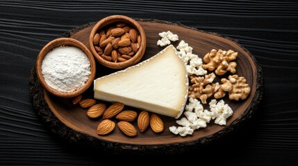 Fototapeta premium Elegant cheese and nut composition viewed from above on textured black wood