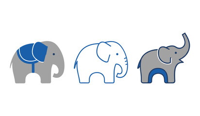 A set of three stylized elephants in gray and blue on a white background illustration