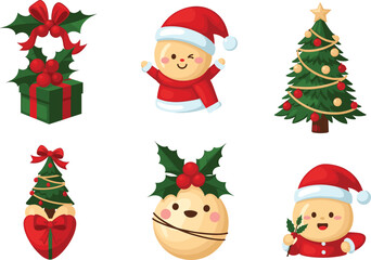 Festive Christmas vector set with Santa characters, ornaments, gift box, holly leaves, and decorated tree for holiday celebration design