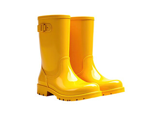 Pair of bright yellow, glossy wellington boots, set against a stark black background
