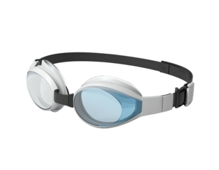 Close-up of white and gray swimming goggles with blue tinted lenses on black backdrop
