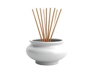 A white, ceramic pot holding multiple wooden incense sticks against a black background