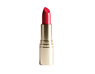 A bright red lipstick stick stands upright on a black background