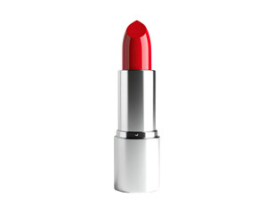 A vibrant red lipstick, silver case, isolated on a deep black background