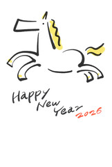 墨絵の走る白馬の和モダン年賀状　2026レタリング