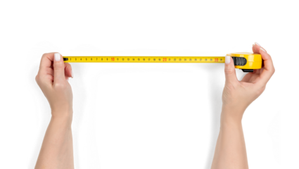 Woman hands holding a yellow measuring tape, isolated object with transparent background PNG, accurate measuring tool for DIY, construction, home renovation or sewing projects
