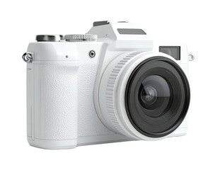 All-white digital camera, angled, showing lens, flash, dials, and view finder