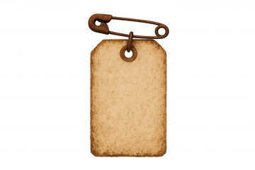 Blank vintage paper tag holding rusty safety pin, creating an old aged label concept on transparent background