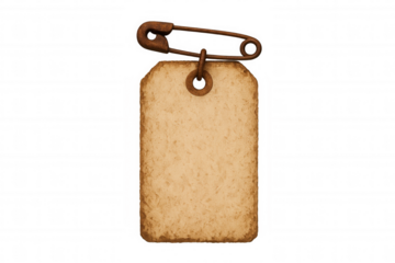 Blank vintage paper tag holding rusty safety pin, creating an old aged label concept on transparent background