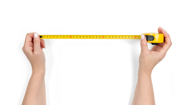 Woman hands holding a yellow measuring tape, isolated object with transparent background PNG, accurate measuring tool for DIY, construction, home renovation or sewing projects