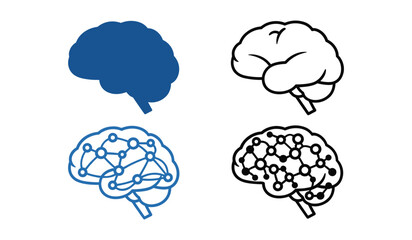 Four stylized brain icons in blue and black outline with network connections mind thinking