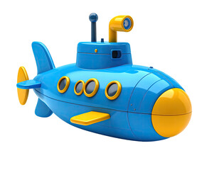 Cartoon-style blue submarine with yellow accents and portholes against black background