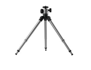 A silver and black tripod, legs spread, ready for camera mounting, on black background