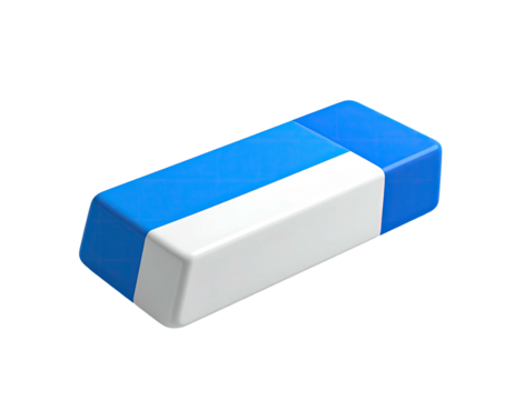 Angled 3D render of a blue and white rectangular rubber eraser on black