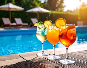 Refreshing summer cocktails by a sunny poolside