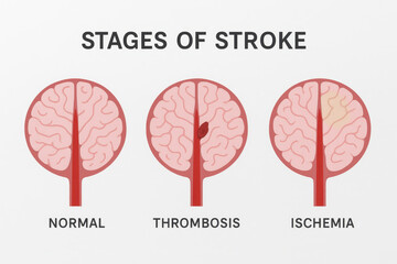Brain artery stroke thrombosis ischemia health medical diagram illustration educational visual stages blood vessel blockage normal anatomy disease condition neurology cerebral infarction risk