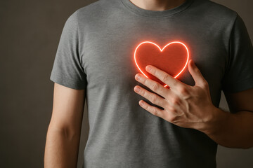 Person wearing gray t shirt places hand over glowing red heart symbol on their chest, representing medical heart health, care, and emotional well being