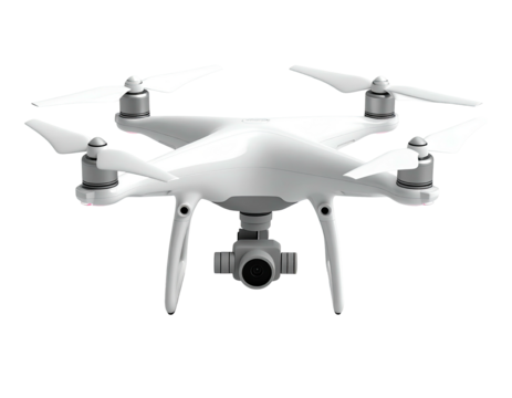 White quadcopter drone with four propellers, camera, and sleek design