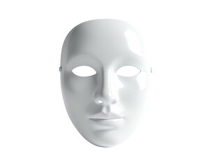 A blank white theatrical mask on a stark black background, well-lit