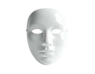 A blank white theatrical mask on a stark black background, well-lit