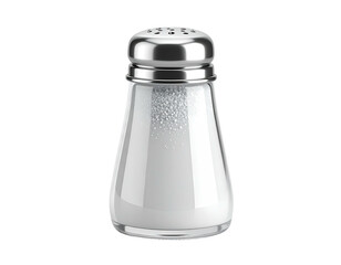A shiny salt shaker filled with granular salt, with a metallic cap