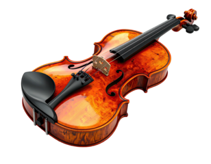 A detailed, isolated view of a classic wooden violin against a black background