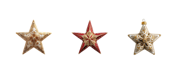 Three decorative star ornaments with intricate patterns isolated on transparent background