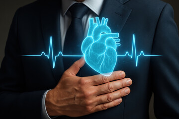 Man in suit holds his chest with glowing medical heart hologram and electrocardiogram line, symbolizing healthcare, cardiology, and heart health awareness