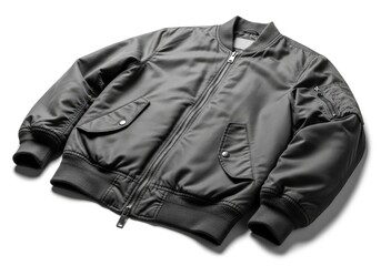 A stylish gray bomber jacket featuring a metal zipper ribbed trim and multiple pockets displayed on a clean white surface