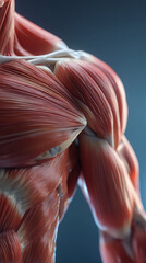 Human muscle anatomy model with red fibers close up detailed anatomical educational medical shoulder arm torso realistic