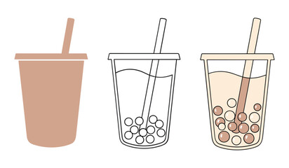 A set of three stylized bubble tea drinks in different illustration styles boba tea beverage