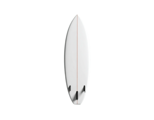 White surfboard with three black fins isolated on black background, top view