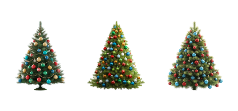Three decorated christmas trees with ornaments isolated on transparent background