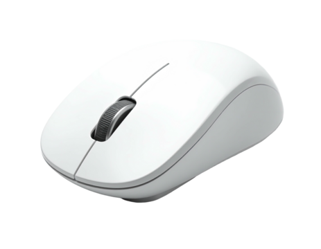 A white wireless mouse with a scroll wheel, isolated on a black background