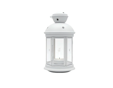 A white lantern with a candle, glass windows, and star cutouts on a black background